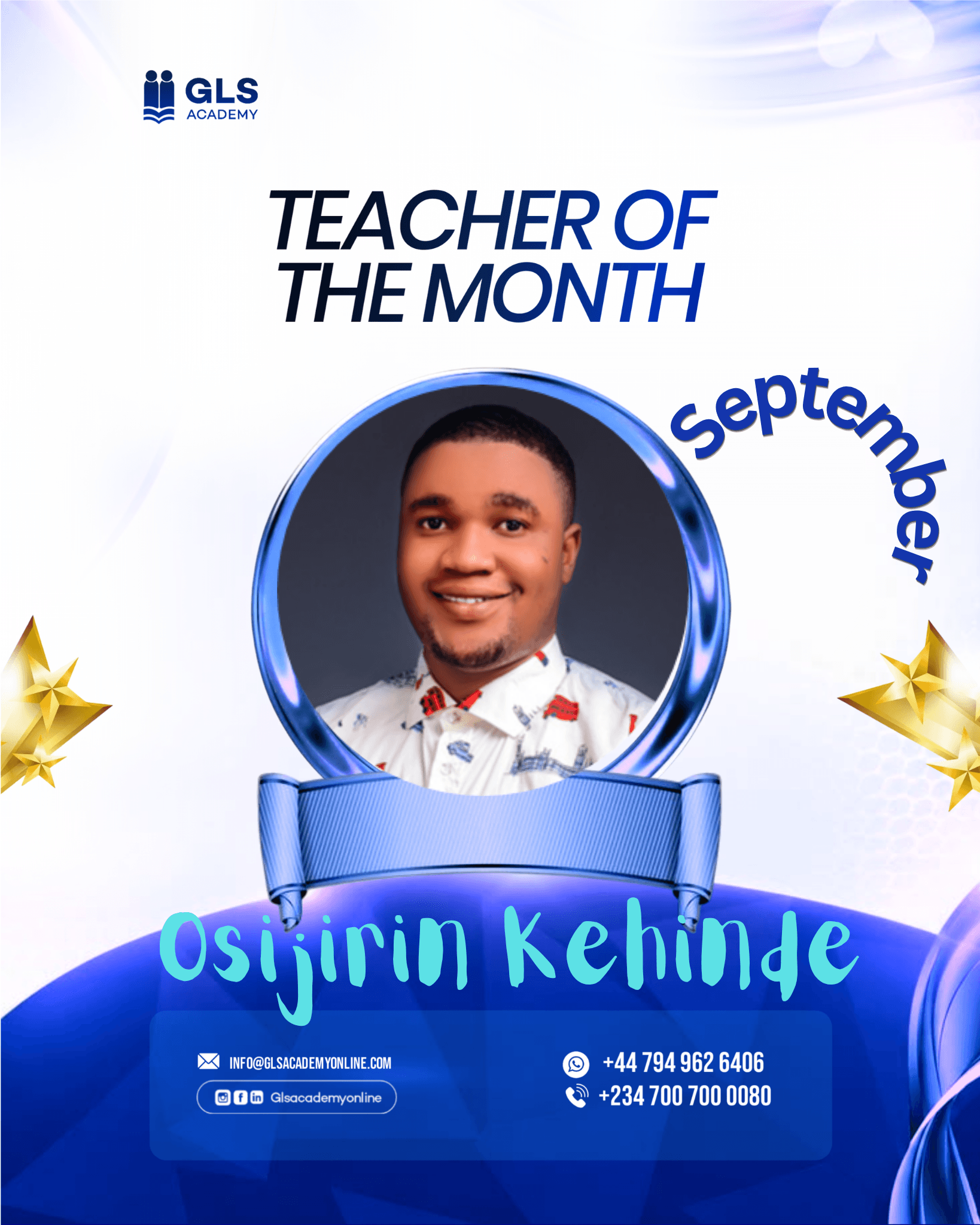 Teacher of the Month announcement for Kehinde Osijirin